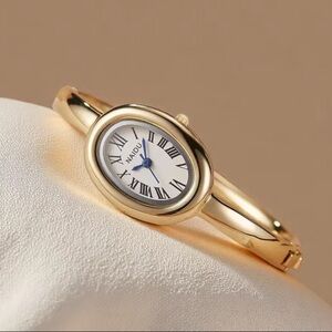 Anthropologie Gold Oval Bangle Watch with White Dial
